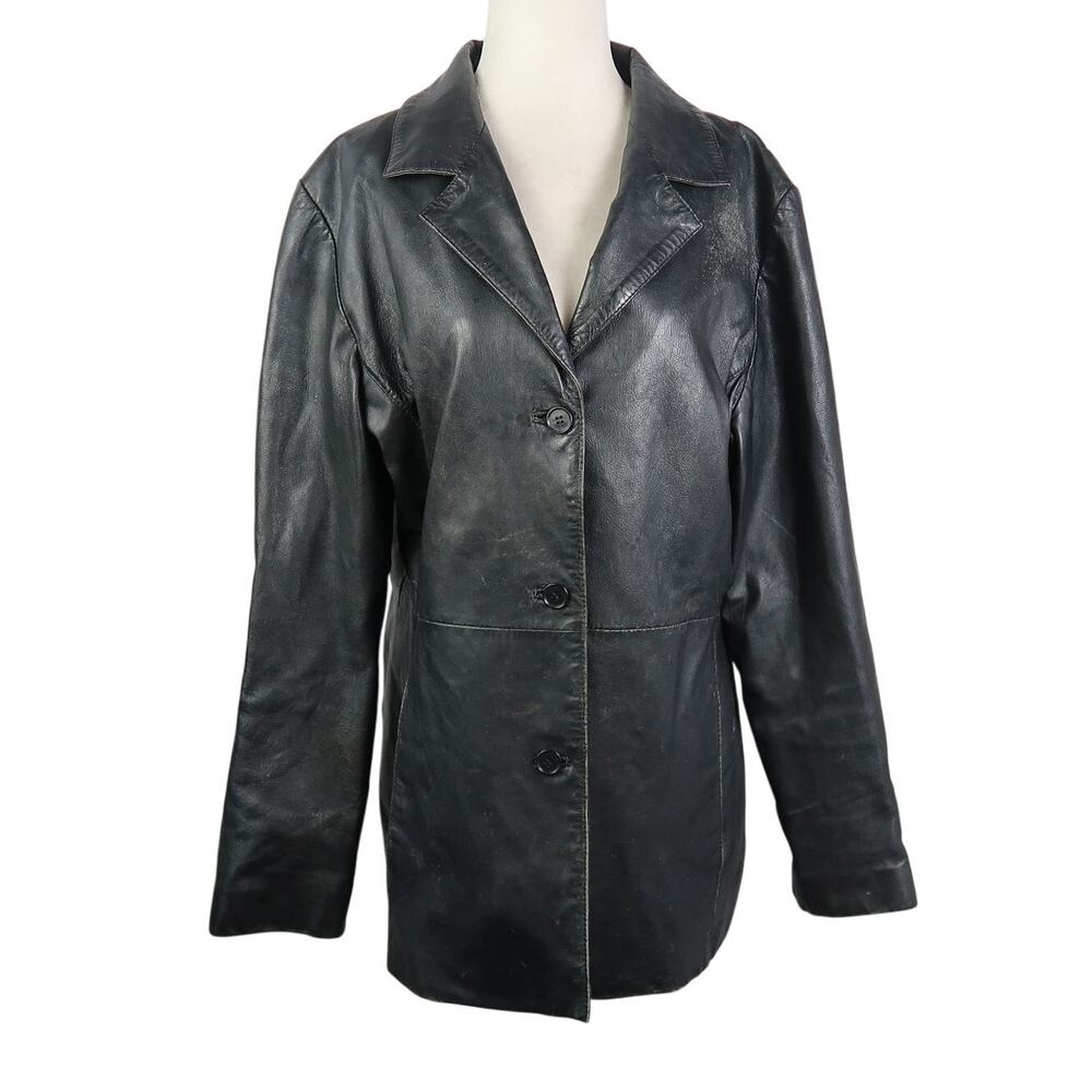Vintage 90s Toscana Black Leather Jacket Button Front Blazer 16